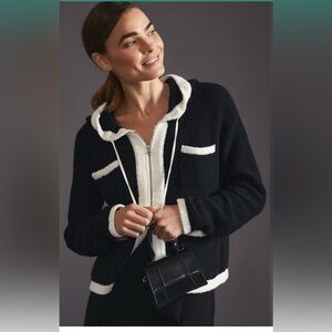 Anthropologie Maeve Harriett Zip Front Hooded Cardigan Sweater Sz XL Black White